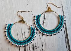 Handmade Circle Seed Bead Earring Navy Blue/teal - Etsy Handmade Blue Heishi Beads Earrings, Seed Bead Earring, Bead Earring, Bead Stitching, Beaded Hoops, Seed Bead Earrings, Blue Teal, Earring Findings, Bead Earrings