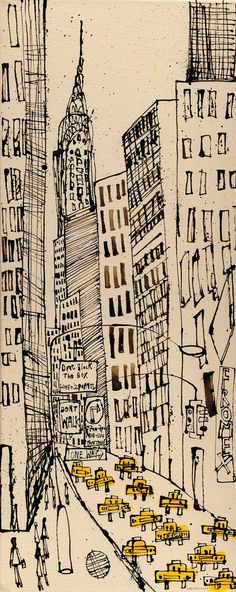 a drawing of a city street with yellow cabs and tall buildings in the background