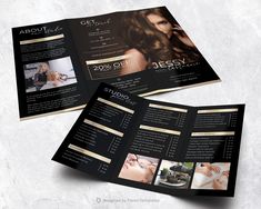 an open brochure is shown with images of women getting their hair and make - up