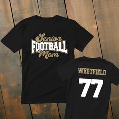 Custom Senior Football Mom Shirt *This custom shirt is handmade with professional vinyl. *Our shirts are unisex and are true to size! *In the photo's you will be able to see the custom options in regards to color that you may choose from. *We use 100% cotton shirts. The glitter material does not wash off and will last through multiple washes.  *If your shirt color is out of stock we will contact you as soon as possible to see if you would like to change shirt colors. By purchasing from us you agree to the following statements: *Due to the custom nature of this item we do not accept exchanges or refunds. *We are also not responsible for lost packages. Please contact your local post office for lost package information. Senior Football, Football Mom Shirts, Mom Tshirt, Custom Football, Mama Shirts, Football Mom, Custom Shirt, Cotton Shirts, Mom Tees