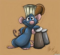 a cartoon mouse with a hat on top of it's head sitting next to two trash cans