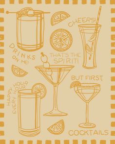 an orange and white poster with different types of cocktails on the front, including drinks in