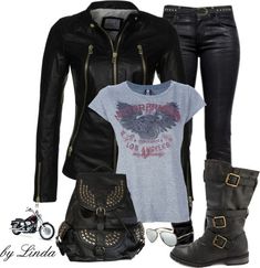 "Motorcycle Ride" by lindakol on Polyvore Biker Look Women, Biker Clothes For Women, Motorcyclist Outfit, Moonbyul Style, Harley Apparel, Motorcycle Riding Outfits, Outfits Rock, Motorcycle Boots Outfit