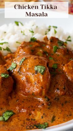 chicken tikka masala served with rice and garnished with cilantro