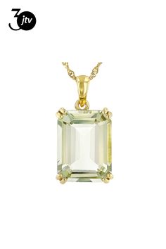 17.66ct emerald cut green prasiolite 18k yellow gold over sterling silver solitaire pendant with Singapore chain. Measures approximately 1.15"L x .58"W. 4.5mm bail. Lobster clasp with 2"extender. Emerald Cut Green Amethyst Yellow Gold Jewelry, Fine Jewelry In Gold With Green Amethyst, Fine Jewelry Green Amethyst Gold Jewelry, Fine Jewelry Gold With Green Amethyst, Custom Ideas, Pendant With Chain, Fabulous Dresses, Solitaire Pendant, Emerald Cut