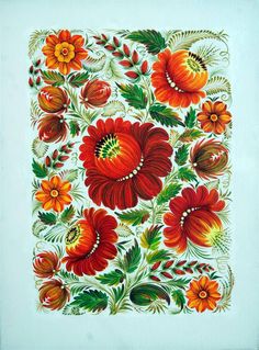 a painting of red and orange flowers on white paper