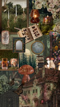 a collage of pictures with flowers, candles and other things in them on the wall