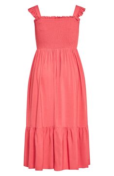 A smocked bodice creates fabulous shape on this flowy, lightweight midi dress designed with frothy ruffles at the straps that make it perfect for a sunny-weather OOTD. Slips on over head Square neck Unlined 100% viscose Hand wash, dry flat Imported Flowy Midi Dress With Ruffled Straps For Daywear, Knee-length Ruffle Hem Sundress, Knee-length Midi Sundress With Ruffle Hem, Pink Midi Dress With Spaghetti Straps And Ruffle Hem, Casual Maxi Dress With Ruched Bodice And Spaghetti Straps, Summer Daywear Midi Dress With Ruffle Hem, Casual Smocked Maxi Dress With Ruched Bodice, Feminine Ruched Midi Dress With Ruffled Straps, Summer Midi Dress With Ruffle Hem For Daywear