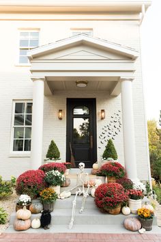 a white house with potted plants and pumpkins on the steps