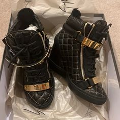 Brand New In Box, Never Worn. Dust Bag And Box Included. Chic Leather Wedge Sneakers, Luxury Party Sneakers, Black And Gold Boots, Jordan High Heels, Nike High Heels, Leopard Print Wedges, Sneak Attack, Gold Boots, Natural Gray Hair