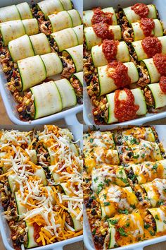 four trays filled with zucchini and other food items on top of a wooden table