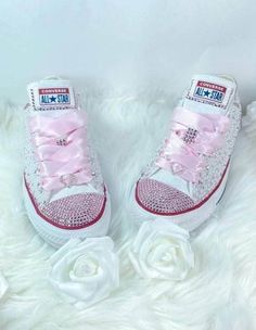 Lace-up Pink Wedding Shoes, White Bling Wedding Shoes, Prom Sneakers, Birthday Party Sweet 16, Wedding Sneakers For Bride, Bride Converse, Pink Chuck Taylors, Vegas 2023, Bedazzled Shoes