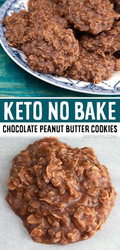 chocolate peanut butter cookies on a plate with the words keto no bake