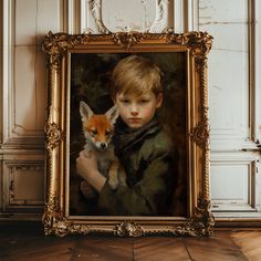 a painting of a young boy holding a baby fox