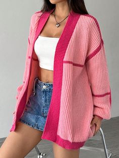 Women Casual Colorblock Long Sleeve Knit Cardigan Hot Pink Casual  Long Sleeve Knitwear Colorblock,Striped  Slight Stretch  Women Clothing, size features are:Bust: ,Length: ,Sleeve Length: Fall Winter Coat, Fall Cardigans, Open Sweater, Woven Sweater, Short Cardigan, Black Hot Pink, Cardigan Women, Collars For Women, Color Contrast