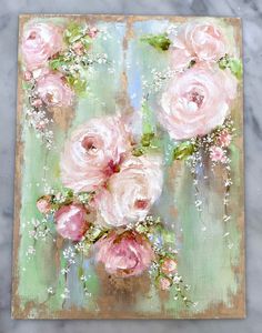 an acrylic painting of pink roses on a green background