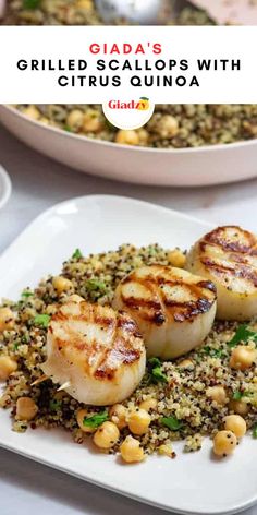 grilled scallops with cilantro quinoa on a white plate