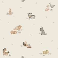 an animal themed wallpaper with animals and birds on the back ground, in pastel colors