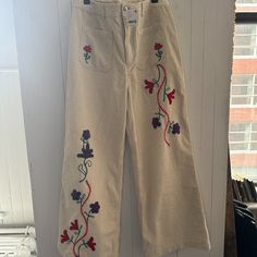 Brand New Free People Floral Embroidered Cord Pants. Never Worn, Tags Still On. Originally $180usd. Size 30 Beige Cotton Pants With Floral Embroidery, Beige Embroidered Straight Pants, Embroidered Straight Beige Pants, Embroidered Wide Leg Trousers For Spring, Beige Floral Embroidered Pants, Embroidered Beige Wide Leg Pants, Embroidered Wide Leg Beige Pants, Embroidered Wide-leg Beige Pants, Spring Embroidered Wide Leg Bottoms