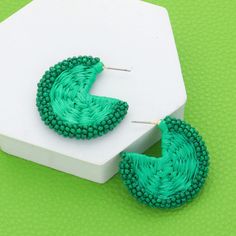 Earring Details: Size : 1.5" X 1.5" Post Back Round Earrings, Lowest Price, Seed Beads, On Sale, Green