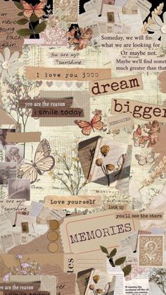 a collage of images with words and pictures on them, including flowers, butterflies, and other things