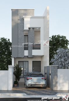 a car is parked in front of a modern building with balconies on the second floor