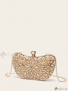 Bird in Bag - Ladies Evening Clutch: Elegant Wedding Handbag with Artificial Pearl Embellishments Embellished Shoulder Bag For Wedding, Glamorous Embellished Shoulder Bag For Wedding, Glamorous Champagne Bag For Wedding, Embellished Clutch Bag For Wedding, Gold Clutch Shoulder Bag For Reception, Glamorous Embellished Bags For Wedding, Gold Embellished Clutch For Wedding Guest, Elegant Wedding Bags With Rhinestones, Glamorous Handheld Wedding Bag