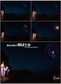 two people standing next to each other with fireworks in the sky