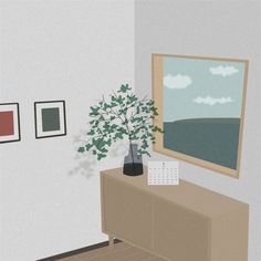 a living room with a plant and pictures on the wall next to a dresser in front of a window