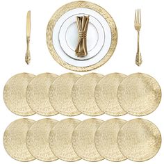 PRICES MAY VARY. Include 12 pack gold round metallic vinyl placemats, made of high quality PVC, well made, very durable. Easy clean with a damp cloth, dry very quickly, then look perfectly new again. The diameter measures 15'', fits most dishes size, suitable for daily use, making your home a warmer and restful atmosphere. Stylish sky design placemat gives your dinner table a special touch, ideal for kitchen table, dining hall, entryway desk, dinner table or parties. With subtle gold color and a Gold Table Mat, Placemats For Wedding Table, Grey And Gold Table Piece, Table Settings With White Plate And Gold Silverware, White And Gold Bridal Shower Table, Round Gold Placemats Table Setting, Dining Table Centerpiece Everyday Simple Formal, Gold And White Buffet Table Setting, Dining Table Silver Plates Setting Thanksgiving