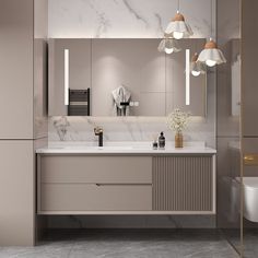 a bathroom with marble counter tops and white fixtures on the vanity, along with two lights