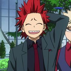 two anime characters with red hair and one is holding his hand up in the air