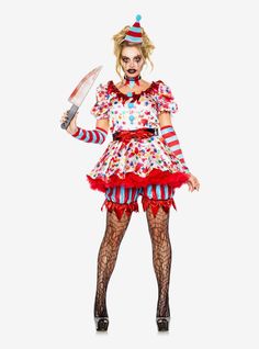 a woman dressed as a clown holding a knife