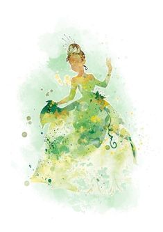 a watercolor painting of a woman in a green dress