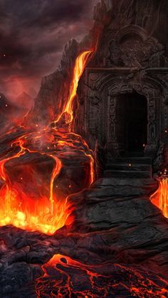 an image of a cave with lava and fire coming out of the entrance to it