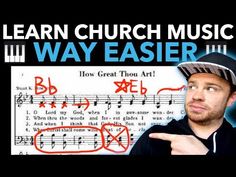 a man is pointing to music sheets with the words learn church music way easier