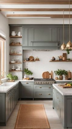 a kitchen filled with lots of counter top space next to a rug on the floor