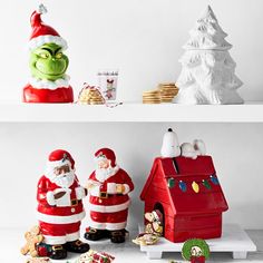 two shelves filled with christmas decorations and santa clause figurines next to each other