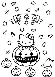 hello kitty halloween coloring page with pumpkins and witches on it, including the word hello kitty