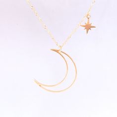 "Moon and Star Necklace, Celestial jewelry, Crescent Moon and Star In Gold, Moon Necklace, Crescent Necklace, Gift for Her Beautiful simple and everyday necklace~ Elegant crescent moon and star necklace DESCRIPTION: Necklace lengths 16+2\" extender inches. Gold Plated -16K gold plated Pendant: star-5mm moon-15mmx4mm -16K gold plated dainty chain" Minimalist Moon-shaped Jewelry With Star Charm, Moon And Star Necklace, Crescent Moon And Star, Gold Moon Necklace, Alphabet Necklace, Necklace Moon, Gold Pendants, Crescent Necklace, Pendants Necklace