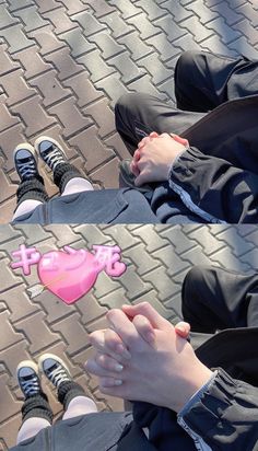 two pictures of people sitting on the ground with their feet crossed and one has a sticker that says love