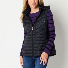 This Liz Claiborne women's puffer vest will add a chic and warm finish to your cold-weather looks. Made from a quilted material, this lined midweight style has snap and zip closures, side slip pockets, and it's packable for added convenience. Wear it over a sweater with jeans and boots.Features: PackableClosure Type: ZipperPockets: 2 Front Zip PocketsWarmth Factor: LightweightApparel Length: 32 InchesOuterwear Length: MidFiber Content: 100% NylonFabric Description: WoolenLining: LinedLining Mate