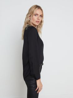 A modern classic. The Nina blouse is structured in all the right places with a relaxed, flattering fit. Refined button-down construction with a chic open collar and draped long sleeve in black silk. | L'AGENCE Nina Blouse Top In Black Cashmere Travel Wrap, Designer Clothing Brands, All The Right Places, Long Style, Black Silk, Blouse Top, Black Media, Designer Outfits Woman, Black Blouse