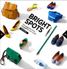 various types of shoes and purses are arranged on a white surface with the words bright spots above them