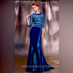 Evening Gown By Mnm Couture. Mint Condition, Never Worn. Will Fit A Size 8-20 Layers Of Fabric. Well Lined And A Rich Blue Color. Fitted Satin Couture Gown, Fitted Couture Satin Gown, Couture Fitted Satin Gown, Luxury Blue Gown With Fitted Bodice, Luxury Blue Gown For Prom Season, Blue Evening Dress With Sweep Train, Couture Blue Dress For Gala, Luxury Blue Floor-length Gown, Luxury Blue Evening Dress With Sweep Train