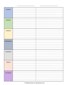 the printable weekly planner is shown in this image, it has two lines and three different colors