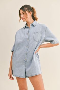 Short sleeve light denim snap button down collared shirt romper with side pocket detail. Shirt Romper, Denim Romper, Collared Shirt, Light Denim, Pocket Detail, Side Pocket, Denim Shirt, Crochet Clothes, Denim Fashion