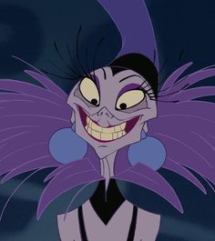 an animated character with big eyes and purple hair, smiling at the camera in front of a black background