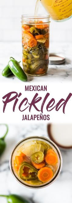 mexican pickled jalapenos in a mason jar with the title overlay