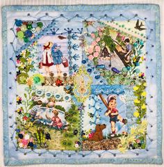 a quilted wall hanging with many pictures on it's sides and an image of children